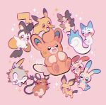  +_+ :d blush commentary dedenne emolga leaphere minun morpeko morpeko_(full) no_humans open_mouth pachirisu pawmi pichu pikachu pink_background plusle pokemon pokemon_(creature) smile sparkle togedemaru tongue watermark 