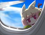  1girl airplane_interior airplane_wing animal_ear_fluff animal_ears bangs blonde_hair blue_sky blurry blurry_background day depth_of_field eyebrows_visible_through_hair fox_ears fox_girl hair_between_eyes hair_bun hair_ornament kemomimi-chan_(naga_u) long_sleeves looking_at_viewer naga_u no_mouth original purple_eyes sky sleeves_past_fingers sleeves_past_wrists solo v-shaped_eyebrows window 