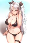  1girl :q absurdres azur_lane bangs bare_arms bare_shoulders bikini black_bikini black_choker black_ribbon blush breasts brown_eyes choker cleavage closed_mouth collarbone commentary_request groin hair_between_eyes hair_ribbon hand_up highres large_breasts long_hair moyoron multicolored_hair navel parted_bangs prinz_eugen_(azur_lane) prinz_eugen_(unfading_smile)_(azur_lane) red_hair ribbon side-tie_bikini skindentation smile solo streaked_hair swimsuit thigh_gap thigh_strap tongue tongue_out two_side_up very_long_hair white_hair 