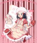  1girl :d alcremie alcremie_(strawberry_sweet) apron artist_request black_hair buttons chef_hat commentary dawn_(pokemon) dress eyelashes grey_eyes hair_ornament hairclip hand_up happy hat highres leg_up leg_warmers long_hair official_alternate_costume open_mouth oven_mitts pokemon pokemon_(creature) pokemon_(game) pokemon_masters_ex red_dress red_footwear red_mittens shoes short_sleeves sidelocks smile sparkle teeth tongue upper_teeth white_headwear yellow_apron 