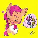  &lt;3 1_fang applejack_(mlp) blush earth_pony equid equine eyes_closed female fluttershy_(mlp) friendship_is_magic hasbro horse inner_ear_fluff mammal mlp_g5 my_little_pony open_mouth orange_body pinkie_pie_(mlp) pony rai_mu_gi rainbow_dash_(mlp) rarity_(mlp) signature simple_background sunny_starscout_(mlp) tuft twilight_sparkle_(mlp) yellow_background 