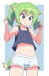  1girl animal_ear_fluff animal_ears bangs bare_arms bare_shoulders black_tank_top blue_background blush cowboy_shot eyebrows_visible_through_hair green_eyes green_hair hair_between_eyes hands_up highres midriff navel original parted_lips roku_no_hito short_shorts shorts solo standing tail tank_top twintails two-tone_background white_background white_shorts 