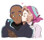  1boy 1girl bandana blue_hair blush dark-skinned_male dark_skin dede_(qwea_00000) diamond_clan_outfit gloves hand_on_another&#039;s_shoulder heart hetero iscan_(pokemon) kiss light_brown_hair long_sleeves palina_(pokemon) pearl_clan_outfit pokemon pokemon_(game) pokemon_legends:_arceus sweat upper_body 