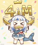  &gt;_&lt; &gt;_o 1girl :3 bangs blue_hair blunt_bangs blush_stickers chibi commentary confetti crown facing_viewer fish_tail gawr_gura hair_ornament highres hololive hololive_english long_hair milestone_celebration mouth_hold multicolored_hair one_eye_closed same_anko shark_tail shrimp solo streaked_hair tail two-tone_hair two_side_up virtual_youtuber white_hair x3 