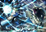  claws commentary_request energy_ball fangs highres looking_back lucario no_humans one_knee open_mouth penta_oekaki pokemon pokemon_(creature) red_eyes rock sharp_teeth signature teeth tongue tyranitar 
