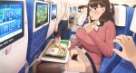  airplane_interior bento breasts brown_hair clothes_lift cup curvy disposable_cup excessive_pubic_hair exhibitionism finger_to_mouth flashing food glasses highres lifted_by_self original panties panty_pull plump pov pubic_hair public_indecency pussy ryokucha_michi shushing sitting skirt skirt_lift thighhighs tray underwear 