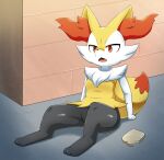  2022 3_fingers 3_toes anthro braixen cheek_tuft cute_fangs digitigrade facial_tuft feet fingers food fur fur_tuft inner_ear_fluff multicolored_body multicolored_fur nintendo nude open_mouth pok&eacute;mon pok&eacute;mon_(species) sitting solo sum toes tongue tuft two_tone_tail video_games white_body white_fur yellow_body yellow_ears yellow_fur yellow_tail 