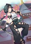  1girl architecture black_hakama breasts building east_asian_architecture eyepatch fate/grand_order fate_(series) gradient_hair green_hair hakama hakama_pants highres hip_vent holding holding_sword holding_weapon japanese_clothes long_hair low_twintails mochizuki_chiyome_(fate) multicolored_hair nakaga_eri pants purple_eyes purple_hair short_sword sleeveless small_breasts solo sword twintails very_long_hair wakizashi weapon 