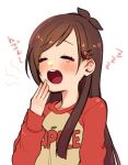  1girl antenna_hair blush brown_hair closed_eyes idolmaster idolmaster_cinderella_girls round_teeth simple_background sleepy solo straight_hair tears teeth tsujino_akari two-tone_shirt white_background woruk4_2 yawning zzz 