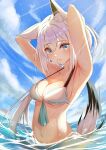  1girl animal_ear_fluff animal_ears arm_behind_head armpits arms_up bikini blush breasts cleavage cloud cloudy_sky commentary_request day eyebrows_visible_through_hair fox_ears fox_girl fox_tail green_eyes hair_between_eyes hair_tie_in_mouth highres hololive looking_at_viewer medium_breasts mouth_hold navel nojikorirakkusu ocean outdoors partially_submerged shirakami_fubuki sky solo swimsuit tail tying_hair virtual_youtuber wet white_bikini white_hair 