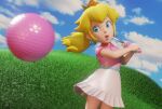  3d ball blonde_hair blue_eyes crown golf_ball highres inkbennie lipstick makeup pink_lips princess_peach 