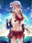  1girl :d absurdres animal_on_shoulder artist_name bangs bare_shoulders bikini bikini_skirt bird bird_on_shoulder blue_scarf blue_sky breasts clear_glass_(mildmild1311) cleavage cloud cloudy_sky collarbone cowboy_shot eyebrows_visible_through_hair fire_emblem fire_emblem:_radiant_dawn fire_emblem_heroes flower front-tie_bikini front-tie_top gloves grey_hair hair_flower hair_ornament hair_ribbon half_updo highres light_particles long_hair looking_at_viewer medium_breasts micaiah_(fire_emblem) navel official_alternate_costume open_mouth partially_submerged red_bikini red_gloves ribbon scarf signature sky smile solo swimsuit water yellow_eyes yune_(fire_emblem) 