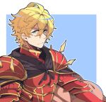  1boy armor bangs black_cape blonde_hair cape closed_mouth commentary_request eyebrows_visible_through_hair gawain_(granblue_fantasy) granblue_fantasy green_eyes hair_between_eyes higaragi highres looking_at_viewer male_focus red_armor simple_background solo two-tone_background upper_body 