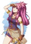  1girl adricarra armlet artist_name bangs bare_shoulders breasts fingerless_gloves fire_emblem fire_emblem:_the_sacred_stones gloves highres holding holding_sword holding_weapon long_hair looking_up marisa_(fire_emblem) open_mouth pink_eyes pink_hair ponytail sidelocks solo sweatdrop sword thighlet weapon 