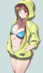  1girl asuna_(sao) asymmetrical_bangs bangs bikini bikini_under_clothes blue_bikini breasts brown_eyes brown_hair cleavage closed_mouth collarbone green_jacket grey_background hands_in_pockets hood hood_up hooded_jacket jacket large_breasts long_hair looking_at_viewer navel partially_unzipped puge shiny shiny_skin smile solo swimsuit sword_art_online 