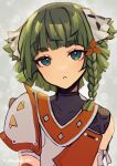  1girl absurdres armor braid eyebrows_visible_through_hair green_eyes green_hair hair_ornament haruto_yuki highres juniper_(xenoblade) short_hair shoulder_armor signature simple_background solo xenoblade_chronicles_(series) xenoblade_chronicles_3 