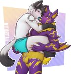  anthro blush bulge butt butt_grab canid canine canis clothing duo eyes_closed french_kissing fur hand_on_butt holding_partner kissing looking_at_another male male/male mammal mytigertail one_eye_closed open_mouth purple_body purple_fur simple_background tongue tongue_out underwear white_body white_fur wolf yellow_eyes 