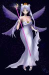  cosplay dress eternalshiningmoon feena_fam_earthlight green_eyes highres purple_hair queen_serenity staff white_dress wings 
