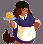  anthro apron beware_the_shadowcatcher black_nose canid cheese clothing dairy_products female food grey_background hat headgear headwear hi_res looking_at_viewer macaroni macaroni_and_cheese mammal overweight pasta platter sam_(bts) sandwich_(food) sesame_seed_bun simple_background solo tyso_art waiter 