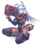  1girl absurdres antennae armored_bodysuit arthropod_girl ayanami_rei bangs bee_girl black_bodysuit blue_hair bob_cut bodysuit breasts bug copyright_request covered_navel covered_nipples eyebrows_visible_through_hair gundam hair_between_eyes hexagon highres holding holding_weapon insect_wings large_breasts mogudan neon_genesis_evangelion over_shoulder red_eyes rocket_launcher short_hair solo squatting thighhighs weapon weapon_over_shoulder white_background wings 