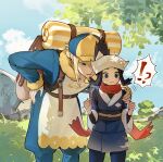  !? 1boy 1girl akari_(pokemon) backpack bag belt bent_over black_hair black_sash black_shirt blonde_hair blue_eyes blue_jumpsuit blush brown_bag brown_belt closed_mouth cloud commentary_request day expressive_hair frown head_scarf highres hongxiaoyuji jacket jumpsuit outdoors pantyhose pokemon pokemon_(game) pokemon_legends:_arceus sash shirt sidelocks skirt sky surprised volo_(pokemon) white_headwear 