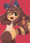  absurd_res anthro brown_hair female fur hair happy hi_res kemono mammal marie_chan_(marisaraccoon) orange_body orange_fur pawpads paws procyonid raccoon red_background simple_background smile solo thedeirdre96 yellow_eyes 