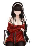  1girl bare_shoulders black_hair black_legwear breasts chair cleavage closed_mouth collarbone dress earrings feixiangdeguoli gold_earrings hairband highres jewelry large_breasts long_hair looking_at_viewer off-shoulder_sweater off_shoulder pantyhose red_eyes red_sweater simple_background sitting solo spy_x_family sweater sweater_dress very_long_hair wavy_hair white_background white_hairband yor_briar 