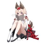  1girl animal_ears bare_legs blonde_hair blush book dog_ears dog_girl dog_tail guangsupaomian highres holding holding_book leaf leaf_on_head looking_at_viewer maple_leaf original purple_eyes simple_background sitting solo tail white_background 