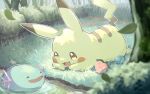  :d ^_^ brown_eyes bush closed_eyes commentary_request day falling_leaves grass leaf lying no_humans on_stomach open_mouth outdoors pikachu pokemon pokemon_(creature) smile tongue tree upi_(ukn18pkanother) water wooper 