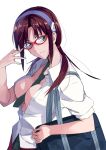  1girl adjusting_eyewear between_breasts bitto_(arnagle) breasts brown_hair cleavage evangelion:_3.0+1.0_thrice_upon_a_time glasses green_eyes hairband long_hair makinami_mari_illustrious medium_breasts neon_genesis_evangelion open_clothes rebuild_of_evangelion red-framed_eyewear simple_background solo white_background 