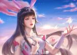  1girl absurdres animal_ears ba_bo_er_benbo_er blue_sky brown_hair bug butterfly cloud douluo_dalu dress hair_ornament highres long_hair open_mouth outstretched_hand pink_dress rabbit_ears sky solo teeth upper_body xiao_wu_(douluo_dalu) 
