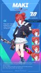  1girl 9ml absurdres ahoge blue_archive blue_eyes character_name character_sheet double_bun english_text full_body graffiti gun hair_bun highres holding holding_weapon m240 machine_gun maki_(blue_archive) official_art red_hair rifle school_uniform scope shoes smile sneakers sniper_rifle socks solo weapon 