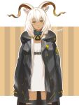  1girl animal_ears arknights beeswax_(arknights) black_coat black_collar brown_background character_name coat collar cowboy_shot dark-skinned_female dark_skin dress flat_chest goat_ears goat_girl goat_horns hair_between_eyes highres horns infection_monitor_(arknights) long_sleeves looking_at_viewer nnicoinu open_clothes open_coat parted_lips simple_background solo thigh_strap two-tone_background white_background white_dress yellow_eyes 