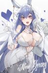  1girl animal_ears artist_name azur_lane breasts bridal_veil character_name cleavage cowboy_shot dress fake_animal_ears gloves hair_between_eyes highres huge_breasts kive long_hair looking_at_viewer new_jersey_(azur_lane) new_jersey_(snow-white_ceremony)_(azur_lane) official_alternate_costume open_mouth purple_eyes purple_hair rabbit_ears simple_background solo veil very_long_hair wedding_dress white_background white_gloves 