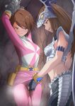  2girls armor arms_up bangs blush bound bound_arms brown_eyes brown_hair chain chained denus fingering fingering_through_clothes gloves go_pink hair_ornament highres indoors kyuukyuu_sentai_gogofive long_hair midriff molestation multiple_girls parted_lips pussy_juice pussy_juice_stain restrained short_hair smirk standing steam super_sentai swept_bangs tatsumi_matsuri through_clothes toya1s white_gloves yellow_belt yuri 