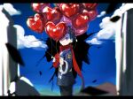  1boy balloon black_hair black_shirt blurry closed_mouth cloud commentary_request day grey_eyes grey_jacket heart_balloon highres holding holding_balloon jacket logo male_focus outdoors pokemon pokemon_(game) pokemon_legends:_arceus red_scarf rei_(pokemon) rock scarf shirt short_hair sky smile solo standing upi_(ukn18pkanother) 