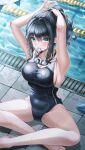  1girl armpits arms_up bangs bare_arms bare_legs barefoot black_hair black_swimsuit blue_eyes blush breasts closed_mouth goggles goggles_around_neck hair_between_eyes hair_tie_in_mouth highres indian_style lane_line large_breasts long_hair looking_at_viewer mole mole_under_mouth mouth_hold one-piece_swimsuit original ponytail poolside sidelocks sitting solo swimsuit tying_hair wet wol_(wol_927) 