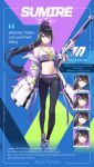  1girl absurdres benelli_m4 blue_archive breasts character_name character_sheet company_name copyright copyright_name english_text famepeera full_body gun gym_teacher halo highres holding holding_gun holding_weapon jacket long_hair midriff navel official_art pants ponytail shoes shotgun sneakers solo spandex sports_bra sumire_(blue_archive) weapon whistle yoga_pants 