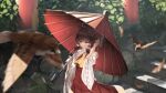  1girl absurdres ascot bird blurry bow brown_hair closed_mouth commentary depth_of_field detached_sleeves facing_viewer frilled_bow frilled_hairband frills hair_bow hairband hakama hakama_skirt hakurei_reimu hand_up hedge highres holding holding_umbrella japanese_clothes light_smile looking_to_the_side medium_hair red_bow red_eyes red_skirt red_vest ribbon-trimmed_sleeves ribbon_trim ryosios sidelocks skirt skirt_set solo stairs torii touhou umbrella upper_body vest white_sleeves wide_sleeves yellow_ascot 