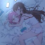  2girls arms_around_neck bangs bare_arms bare_shoulders bed_sheet blanket blush breasts brown_hair camisole cellphone charging_device closed_eyes closed_mouth clothes_writing commentary_request d4dj dolphin_shorts hair_between_eyes hair_down hair_spread_out half-closed_eyes hands_on_own_stomach hands_up heads_together highres interlocked_fingers inuyose_shinobu light long_hair looking_away lying medium_breasts messy_sleeper midriff multiple_girls on_back on_side own_hands_together phone pillow pink_hair shirt short_hair short_shorts short_sleeves shorts sleeping sleeping_on_person smartphone spaghetti_strap strap_slip t-shirt tissue_box wavy_mouth white_camisole white_shirt white_shorts yamate_kyouko yellow_eyes yuri yutsumoe 
