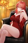  1girl absurdres bangs bare_arms bare_legs bare_shoulders breasts chandelier cleavage couch crossed_legs dress eyebrows_visible_through_hair frilled_dress frills hand_on_own_face head_rest highres light_blush lillly looking_at_viewer no_bra original red_dress red_eyes red_hair serious shiny shiny_hair sideboob sitting sleeveless solo thighs wavy_hair 