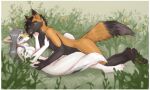  2022 anthro black_body black_fur black_hair border breasts canid digital_media_(artwork) dipstick_ears dipstick_tail duo eye_contact female fur grey_hair hair looking_at_another mammal markings multicolored_ears nude orange_body orange_fur outside plant smile tail_markings white_body white_border white_fur yshanii 