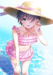  1girl 8n0_g bikini blush flat_chest grey_eyes grey_hair hat highres idolmaster idolmaster_cinderella_girls idolmaster_cinderella_girls_starlight_stage looking_at_viewer navel ocean one_eye_closed otokura_yuuki plaid plaid_bikini short_hair smile solo standing straw_hat swimsuit wading 