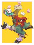  arm_up bamboo_steamer baozi border bright_pupils chinese_clothes cloak clothed_pokemon coat commentary_request food green_coat highres hisuian_decidueye holding leg_up open_mouth pkpokopoko3 pokemon pokemon_(creature) red_pupils rowlet tongue white_border white_pupils yellow_background 