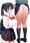  1girl ass backpack bag bangs black_footwear black_hair black_legwear black_skirt blush bow bowtie breasts closed_mouth collared_shirt eyebrows_visible_through_hair kaisen_chuui kneehighs large_breasts long_hair multiple_views original panties ponytail red_bow red_bowtie shirt shirt_tucked_in shoes simple_background skirt thighs underwear white_background white_panties white_shirt 