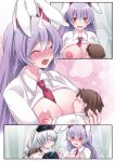  1boy 2girls animal_ears baby blush breastfeeding breasts brown_hair commentary_request eyebrows_visible_through_hair hair_between_eyes hammer_(sunset_beach) heart heart-shaped_pupils kamishirasawa_keine large_breasts long_hair looking_at_another multiple_girls naughty_face necktie open_mouth purple_hair rabbit_ears red_eyes red_necktie reisen_udongein_inaba short_hair smile symbol-shaped_pupils touhou white_hair 