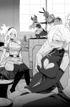  2boys 5girls animal_ears bangs blush boku_no_hero_academia breast_grab breasts burnin_(boku_no_hero_academia) buttons character_request cigarette cleavage clothing_cutout double-breasted earrings grabbing greyscale hair_between_eyes heart_cutout highres holding horns indoors jewelry large_breasts leotard monochrome mount_lady multiple_boys multiple_girls open_mouth playboy_bunny rabbit_ears ratatatat74 ryuukyuu sharp_teeth short_hair sitting smoke table teeth thighhighs 