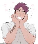  1boy ^_^ arm_tattoo balnom bara blush closed_eyes facing_viewer flower grin hand_on_own_face happy male_focus multicolored_hair original pectorals pink_hair shirt short_hair sideburns smile solo tattoo text_tattoo thick_eyebrows two-tone_hair upper_body white_shirt 