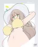  arm_behind_head armpits artist_name bikini blue_archive breasts character_name commentary_request dated e-note eyebrows_visible_through_hair from_below green_eyes hat highres large_breasts looking_at_viewer navel nonomi_(blue_archive) stomach sweat swimsuit upper_body white_headwear yellow_bikini 