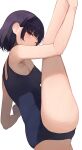  1girl bangs bare_legs black_hair blue_swimsuit blunt_bangs blush breasts eyebrows_visible_through_hair highres hiroki_(yyqw7151) leg_up looking_at_viewer medium_breasts one-piece_swimsuit one_eye_closed original red_eyes short_hair simple_background solo standing standing_on_one_leg swimsuit thighs white_background 